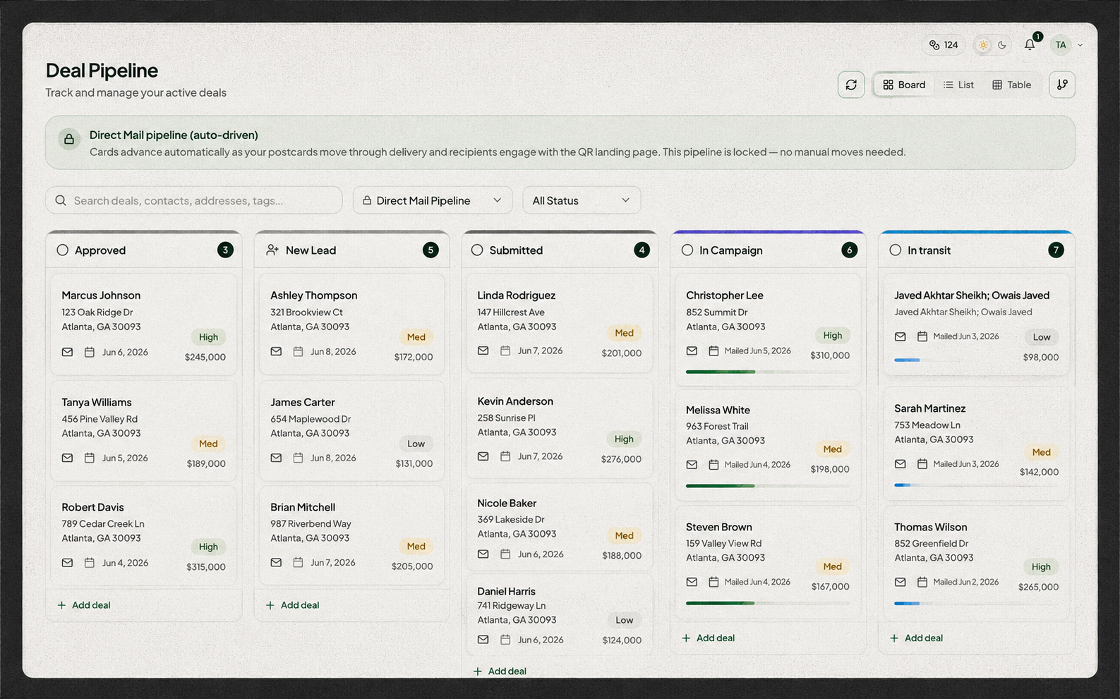 Farmrix deal pipeline board with stages from approved to in transit